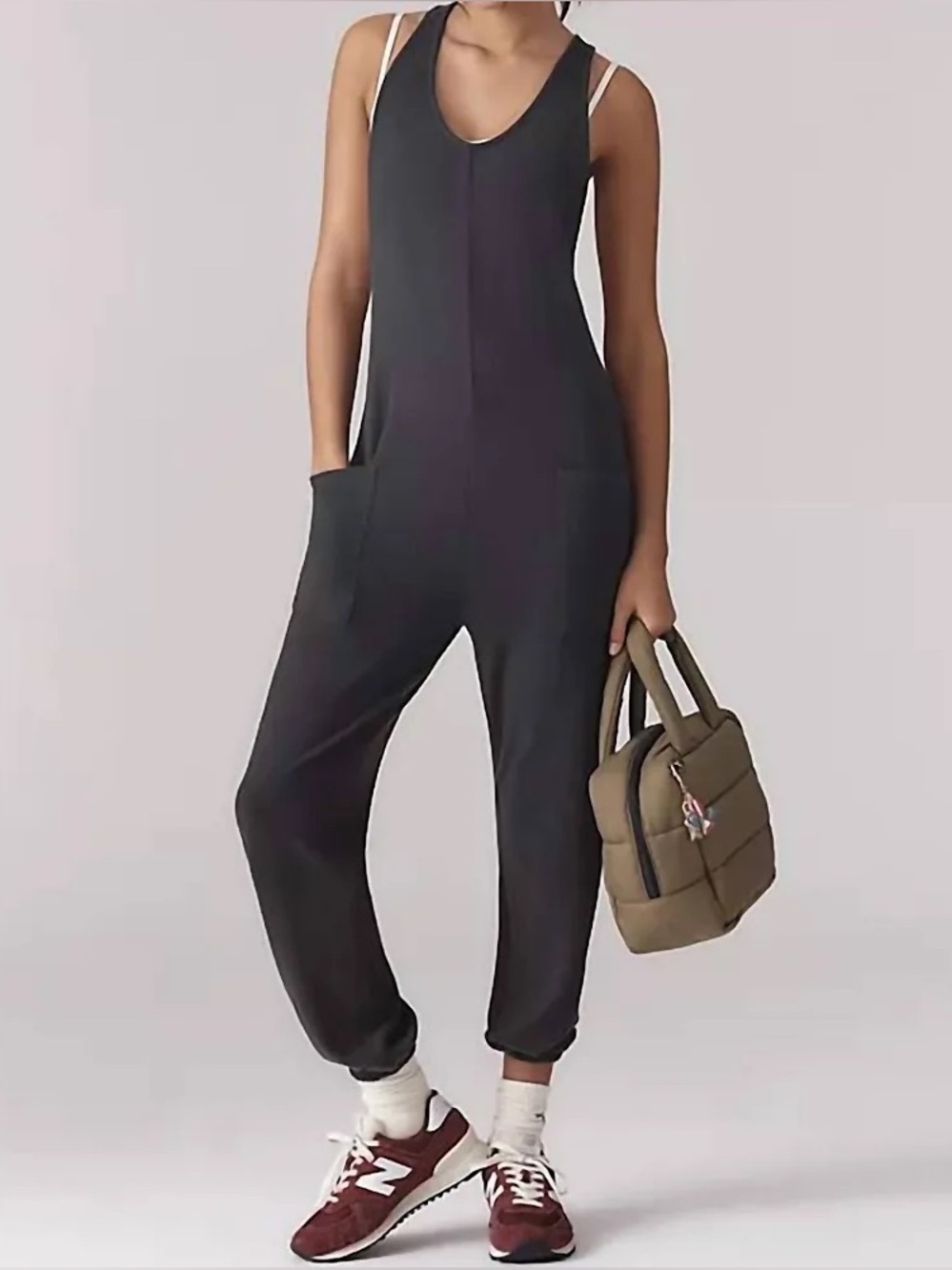Spiritual Gangster Leah Cotton Sleevless Jogger Jumpsuit in Washed Black Large